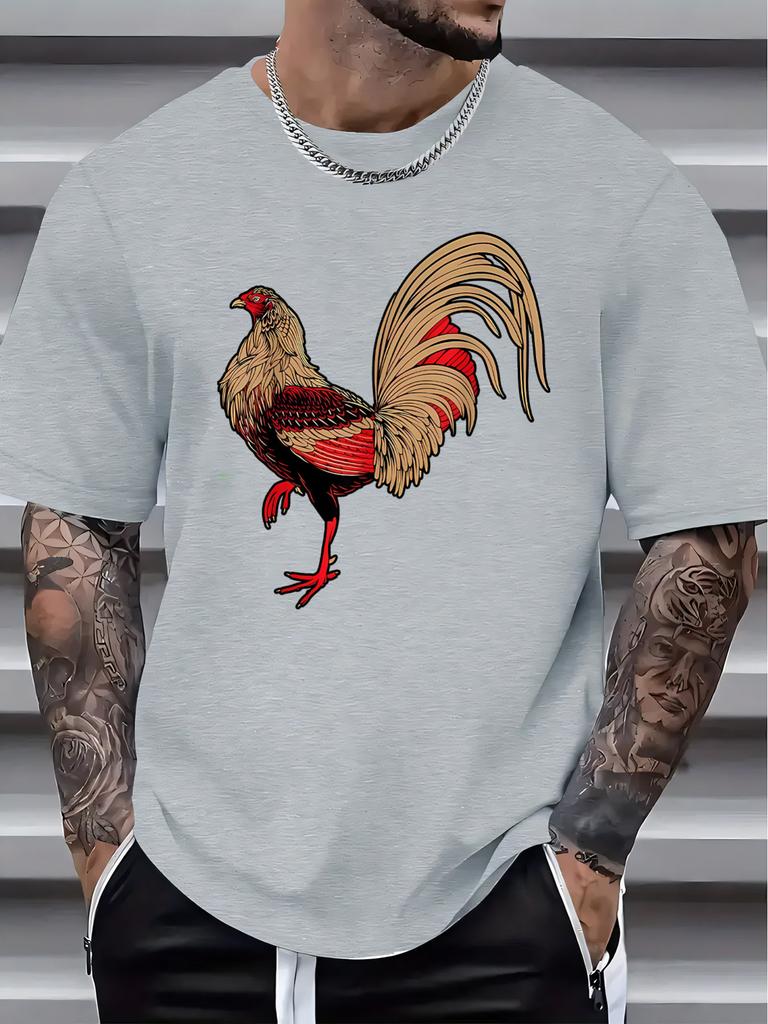 Unisex White Tee Retro Red Brown Rooster Animal Graphic Print Short Sleeve Loose Casual Top For Adult Male Daily Street Wear Outfit