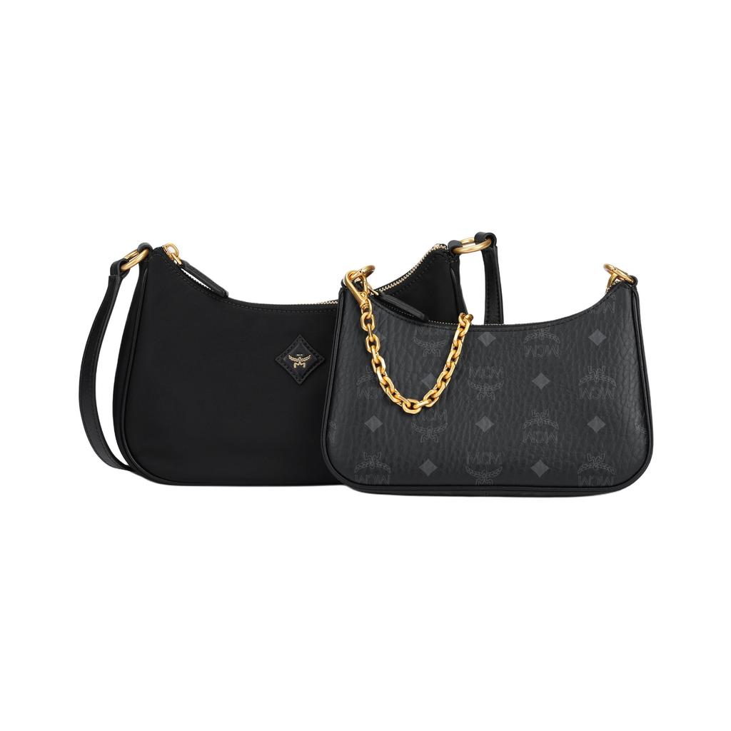 MCM Black Visetos Monogram Hobo Shoulder Bag Set with Gold Chain & Inner Pouch for Daily & Casual Use