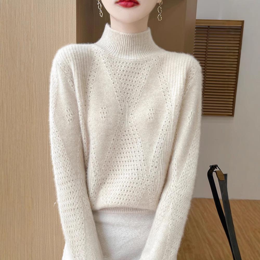Women's Diamond Lace Wool Sweater - Autumn/Winter Solid Color Knit Top