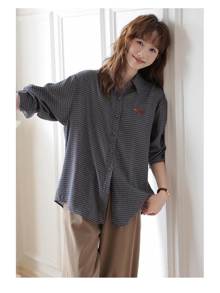 Full River Red Plaid Dachshund Embroidered Miu-style Women's Autumn Loose Long Sleeve Cardigan