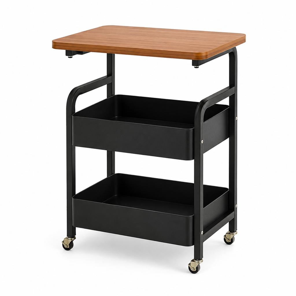 Rolling Storage Cart Multi-Tier Kitchen Organizer Shelf with Wooden Top and Wheels for Bathroom Living Room