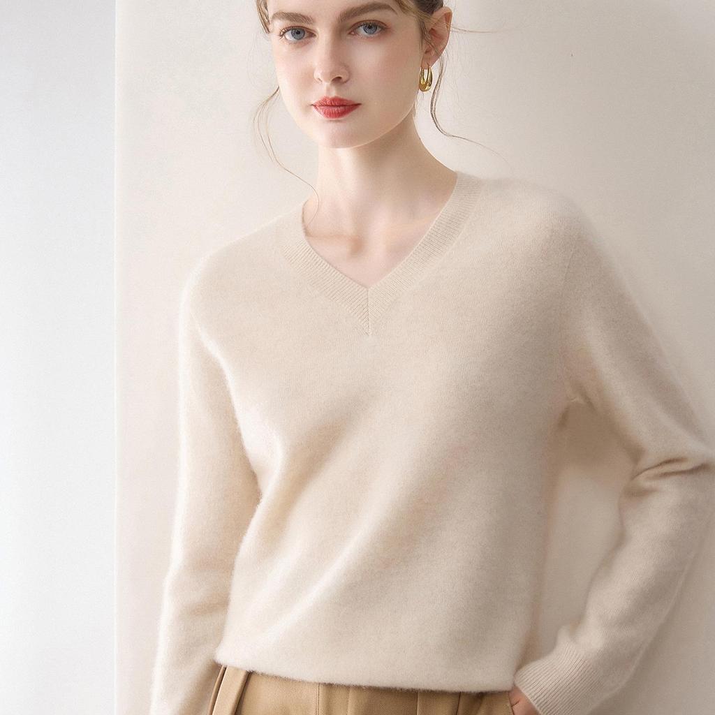 Minimalist Women's Pure Cashmere V-Neck Loose Knit Sweater - Early Autumn Pullover Top