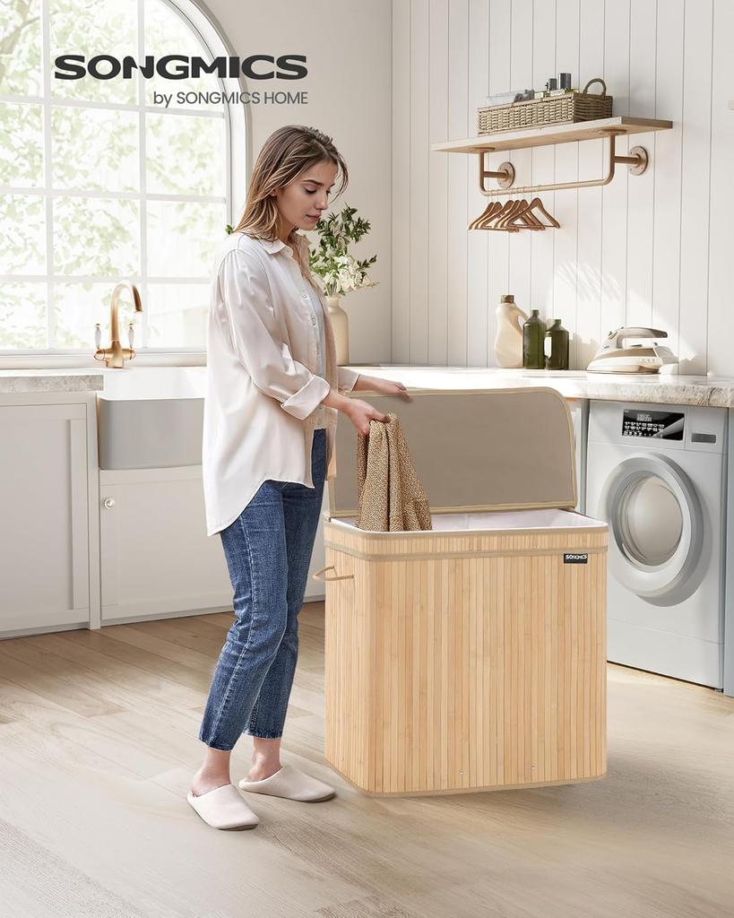SONGMICS Laundry Hamper with Lid, Bamboo Laundry Basket, Removable Machine Washable Hamper Basket, with Handles, 150 L, for Laundry Room, Bedroom