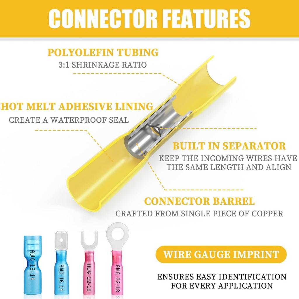 525PCS Heat Shrink Wire Connectors, 22-10 AWG Marine Grade Heat Shrink Butt Connectors, Waterproof Electrical Wire Terminals Kit Insulated Ring Fork