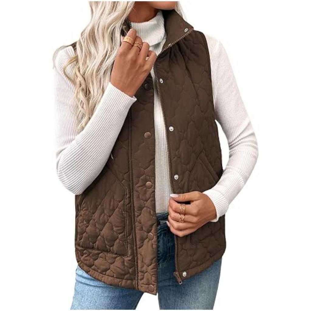 Women's Fashion Quilted Sleeveless Short Vest with Stand Collar Buttons and Zipper