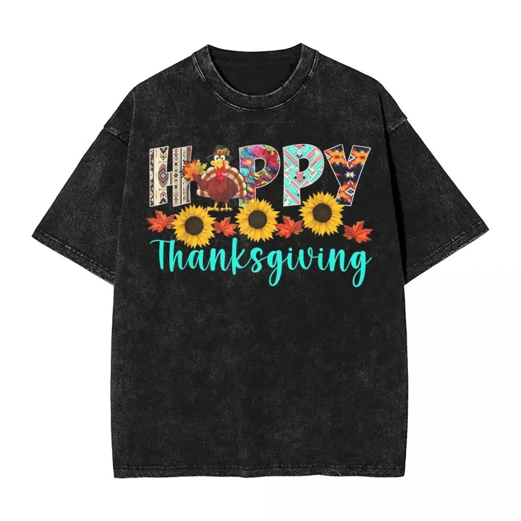 Happy Thanksgiving Day Turkey Dinner Washed T-Shirts Tee Shirt for Men Women 100% Cotton Oversize Graphic Printed