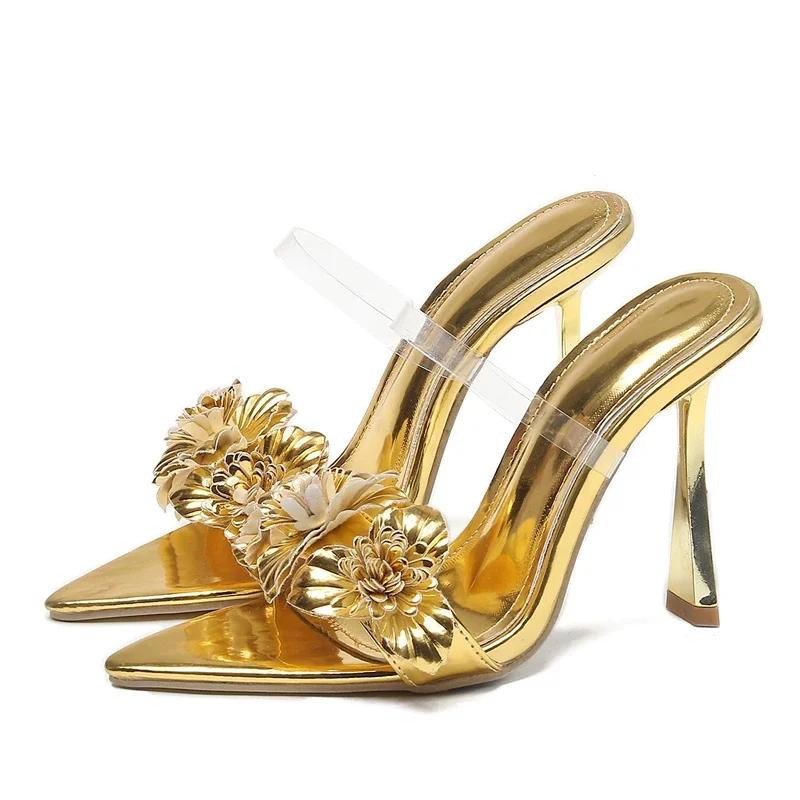 

Fashion Luxury Design Gold Flower Thin Heels Slippers Women Sexy Pointed Toe PVC Clear Narrow Strap Heeled Sandals Summer Slides Heels 42 золотой