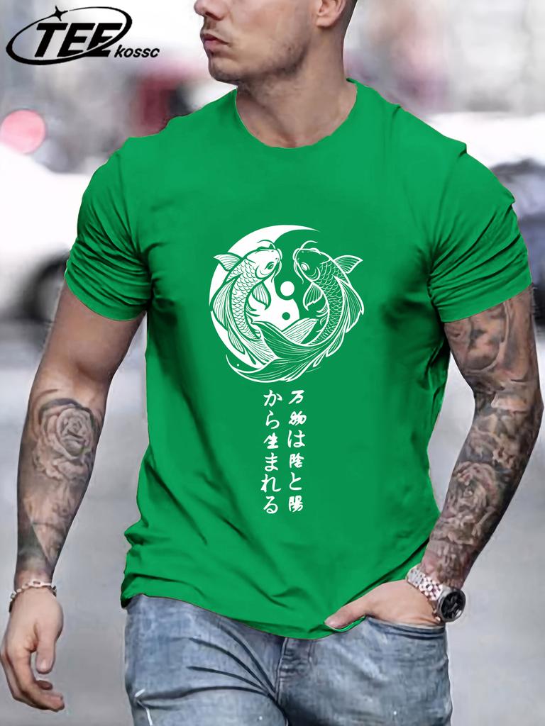 Japanese Harajuku Koi Art Letter Print Mens TShirt Loose Casual T Shirt AllMatch Cotton Streetwear Male Fashion Soft Clothing