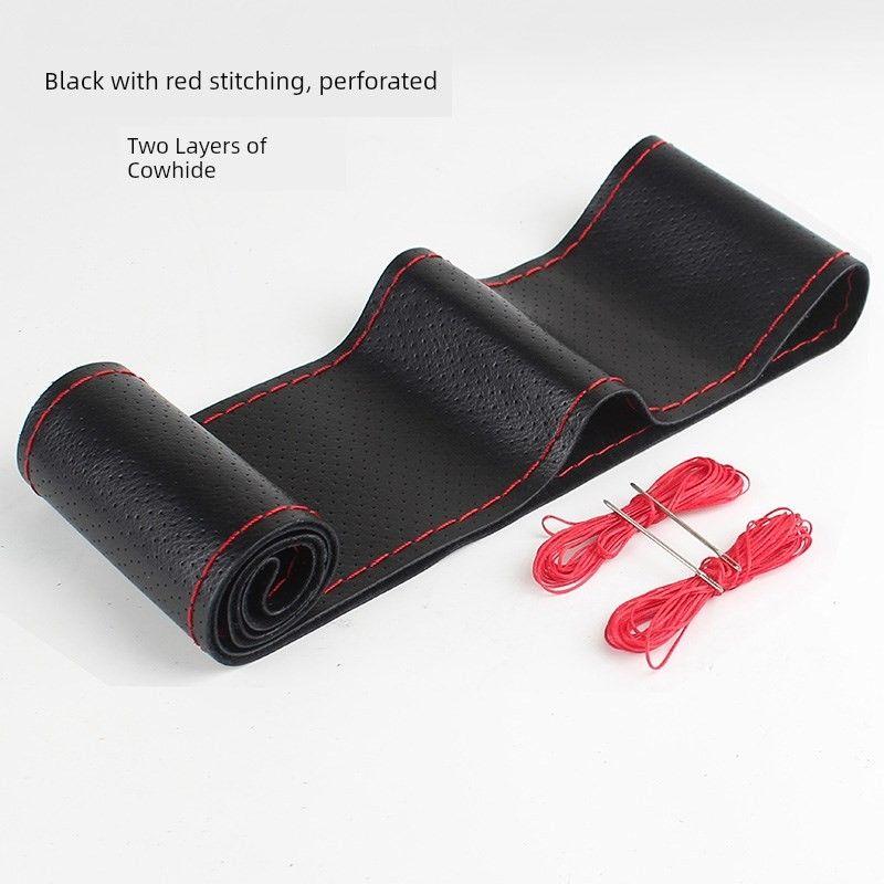 

Cover, Genuine Leather Hand-Stitched Cover, Suitable for Men and Women, All-Season Use, Cow Leather, Handmade Leather Cover, Non-Slip Stitched Handle [Full Two-Layer Cowhide] Black Red Line Perforated