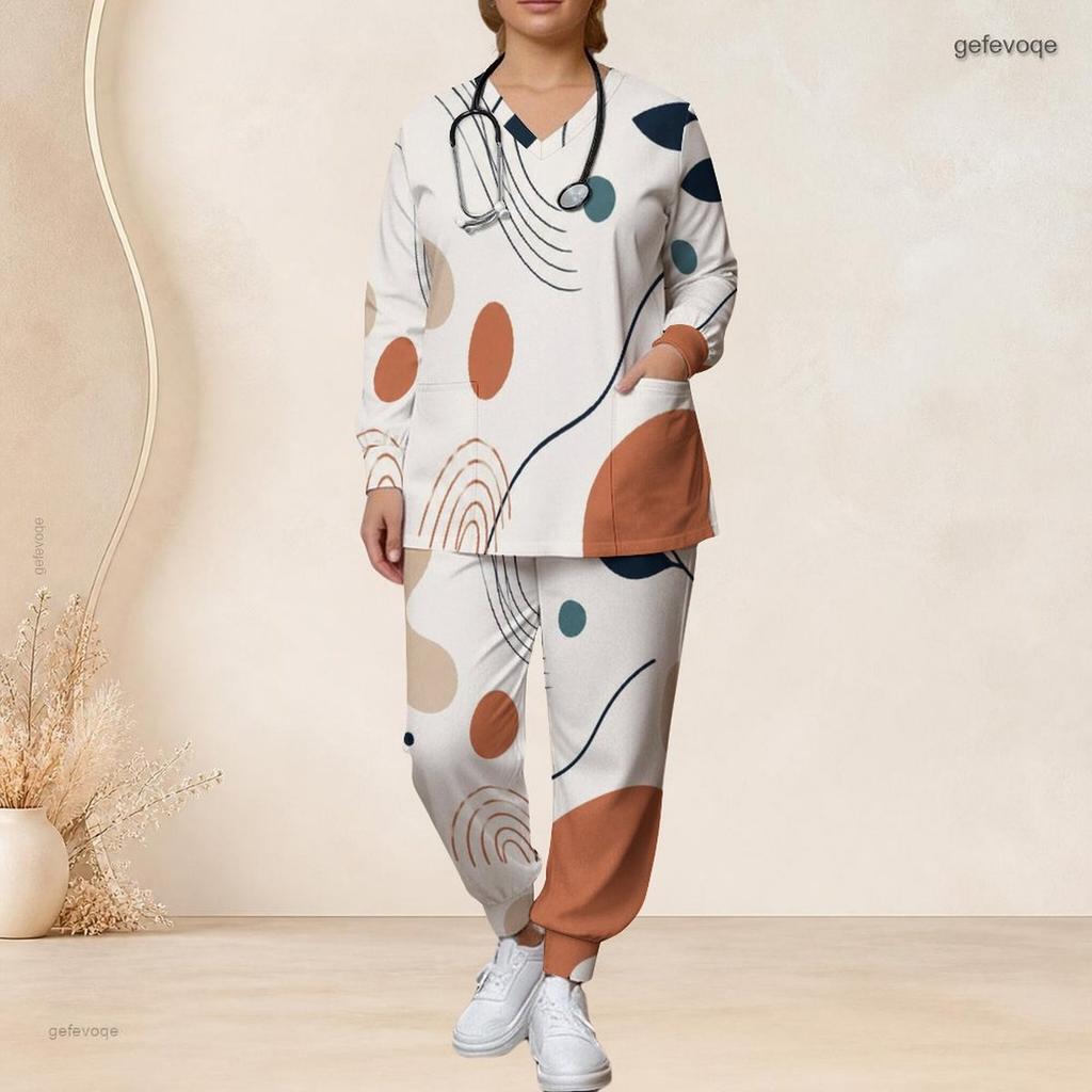Women Plus Size Printed Nurse Scrub Set V Neck Long Sleeve Pocket Top And Long Pants