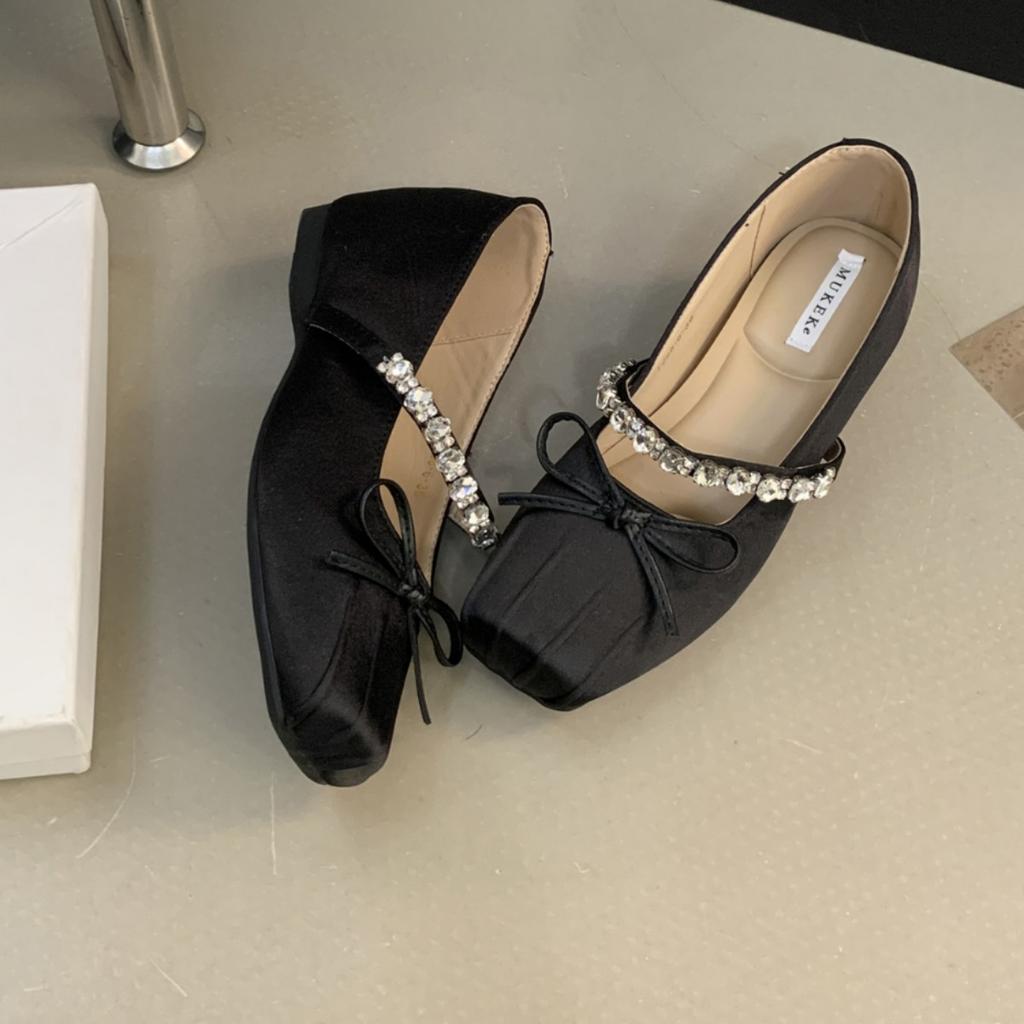 French Gentle Bow Inner Heightening Soft-soled Single Shoes 2025 New Rhinestone Fairy Square Head Ballet Mary Jane Shoes