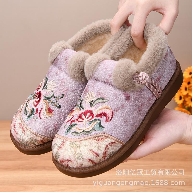 Shoes Women's Cotton Shoes Deer Embroidered Shoes Shallow Mouth One-pedal Short Boots Fleece Thickened Winter Shoes Versatile Short Boots