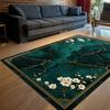 Elegant Emerald Marble Rug with Gold Cracks and White Floral Lux Botanical Carpet Design Sophisticated Living Room Decoration