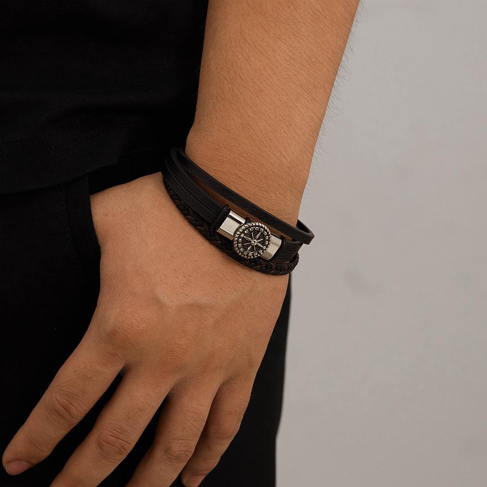 E-commerce Leather Bracelet Men's Stainless Steel Personalized Design Octagonal Star Multi-layer Woven Titanium