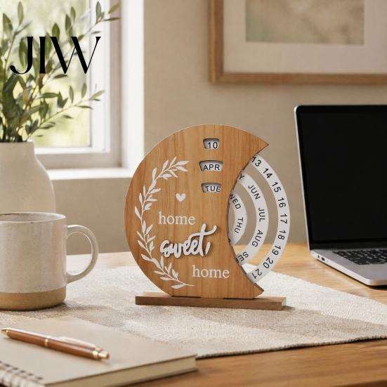 Wooden Perpetual Calendar Calendar, Manual Rotating Desk for Home Office Minimalist Wood Block Decor, Creative Natural Date Month Week Display Desktop