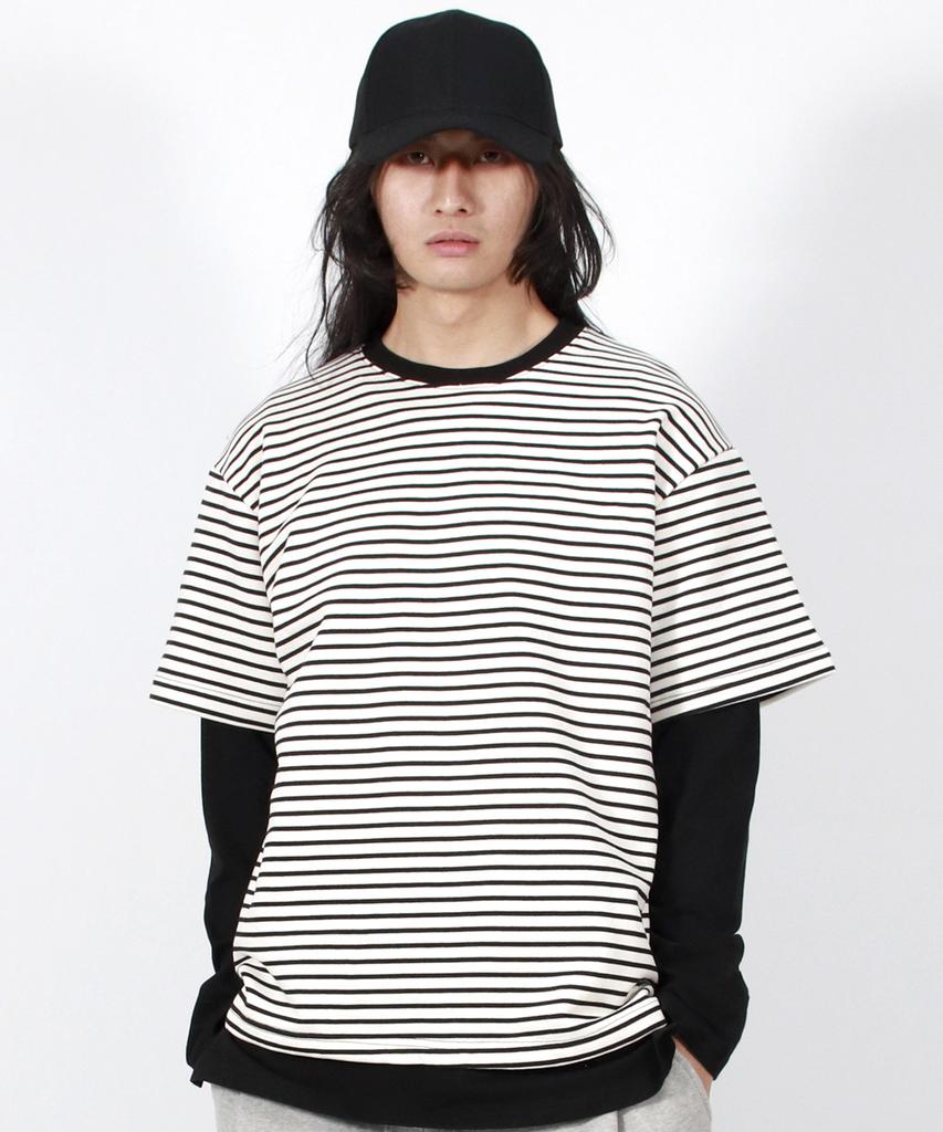 Deumakeu M Layered Sleeve Boxy Fit Crew Neck T-Shirt Stripe-Ivory