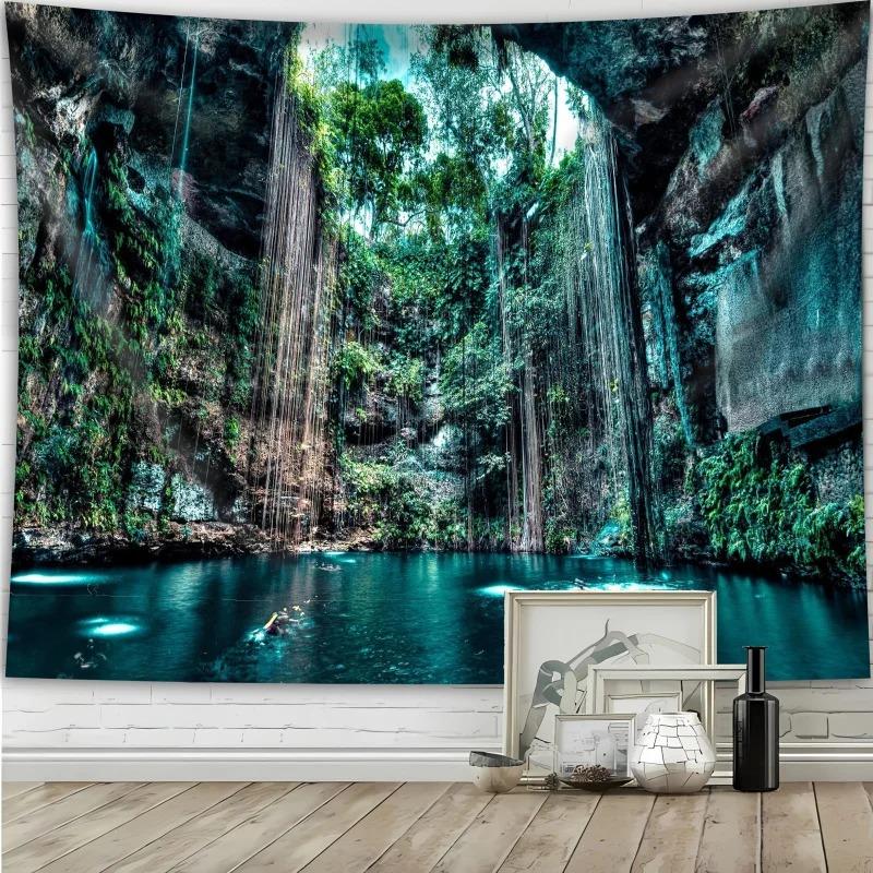 Harmonious Jungle Lake Scenery Tapestry Peach Skin 2D Flat Printed Wall Hanging Atmospheric Nature Art Background Bedroom Decor