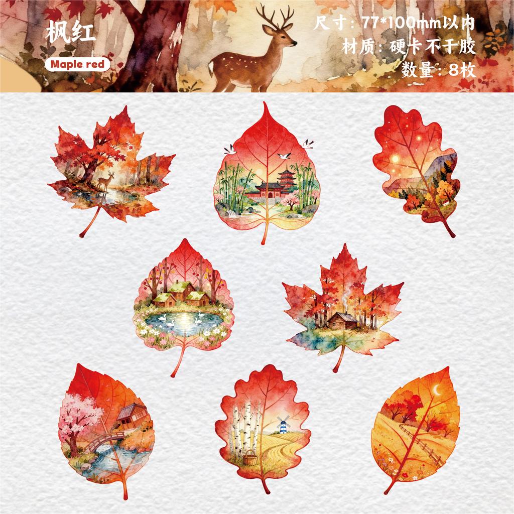 8Pcs Pack Leaf Landscape Creative Sticker Pack Fresh Healing Journal Collage Decor Decals