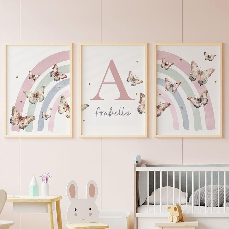 Pink Rainbow Butterfly Custom Baby Name Wall Art Nursery Canvas Prints Painting Watercolor Posters Pictures Girl Kids Room Decor