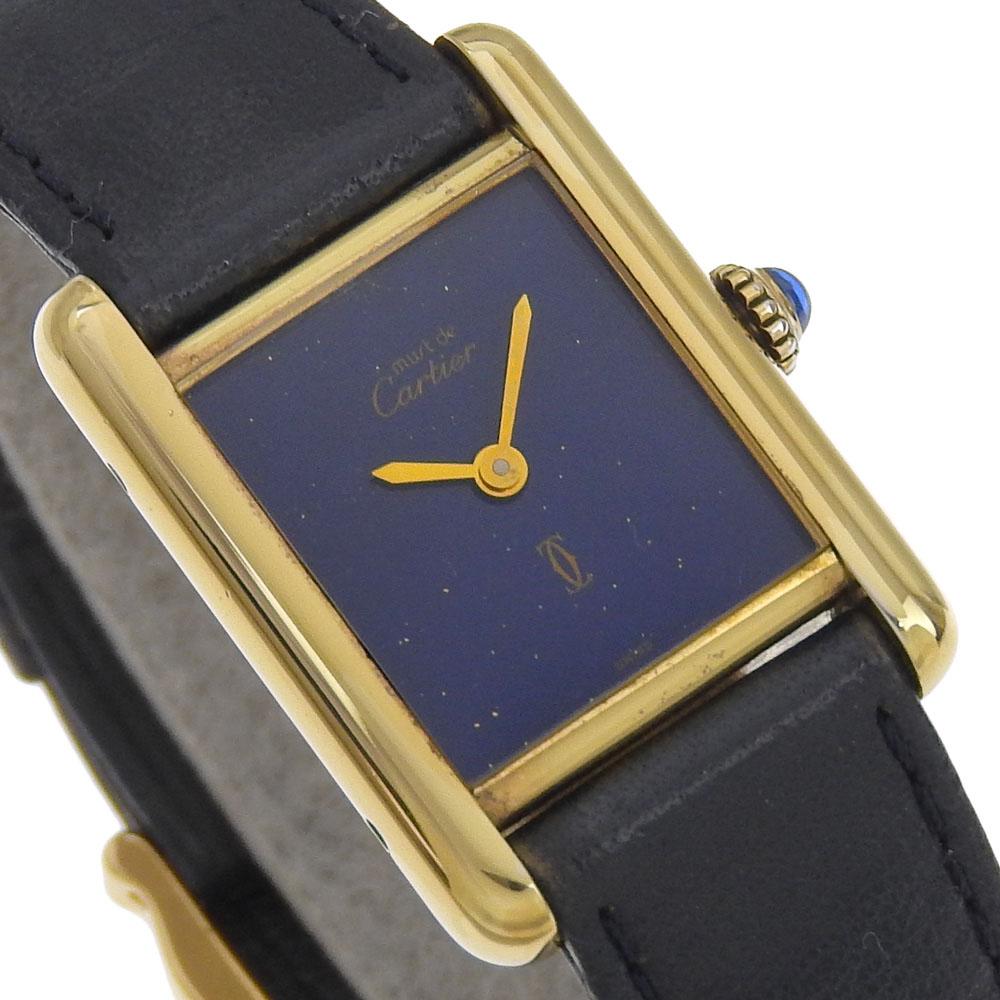 CARTIER Must tank Watches Vermeille 1970s Lapis blueDial Silver925/Embossed Leather Hand Winding Women Used