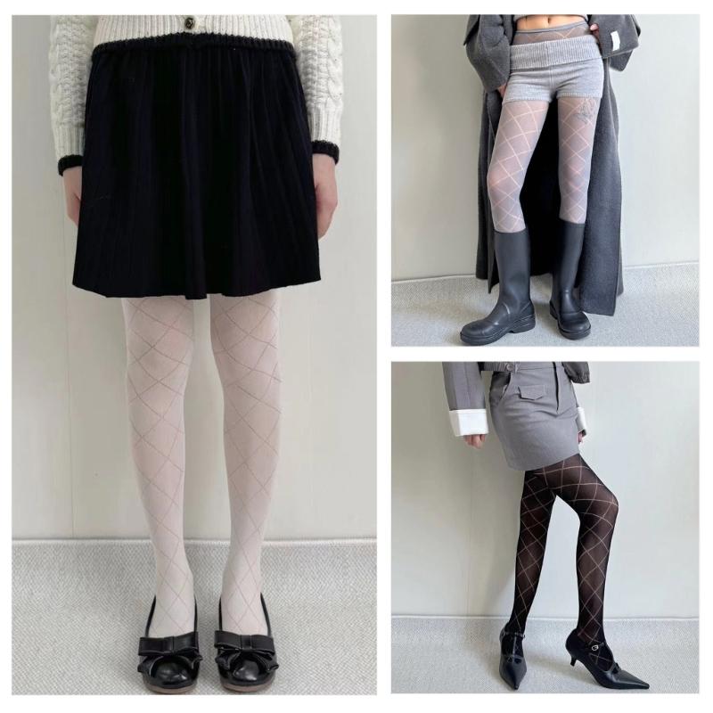 Women Girls Japanese Style Hollowed Out Mesh Tights Stockings Elegant Plaids Jacquard Pattern Fishnet Pantyhose Hosiery
