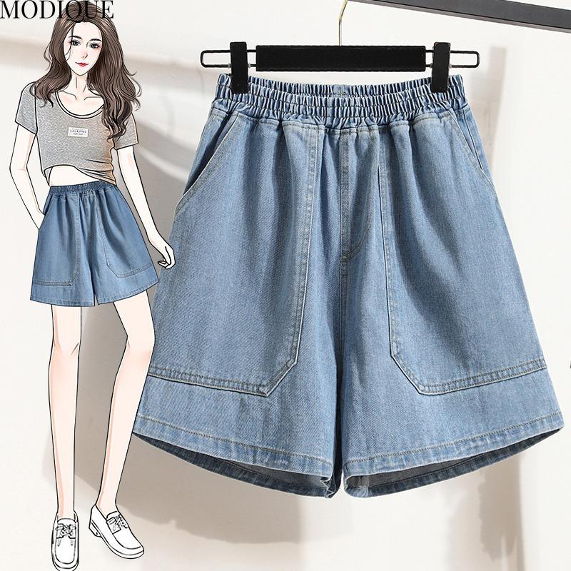 

MODIQUE 2025 New Plus Size Summer Women s Loose Casual A-Line Wide Leg Hottie Elastic Denim Shorts Ladies Basic Pants Jeans M синий