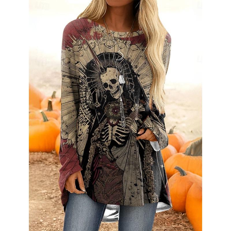 

Женская футболка с принтом в виде черепа, V-образным вырезом и длинными рукавами, модный повседневный топ, худи, одежда 3XL