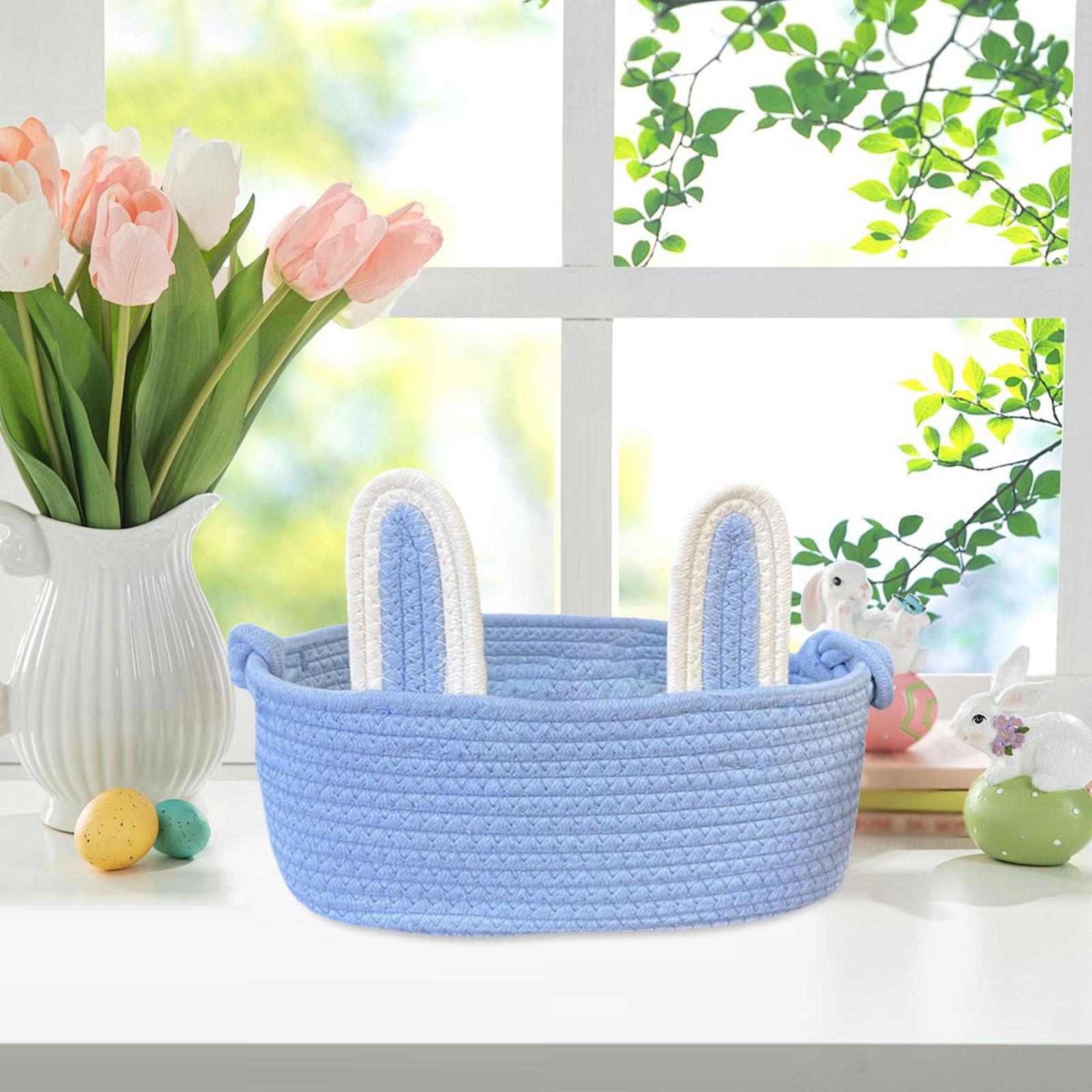 Cute Wicker Bunny Ears Easter Basket Empty Spacious Candy Gift Tote Bag for Child Egg Hunt Celebration синий