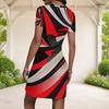 Women Plus Size Round Neck Short Sleeve Patchwork Printed Fitted Mini Dress Black White Grey