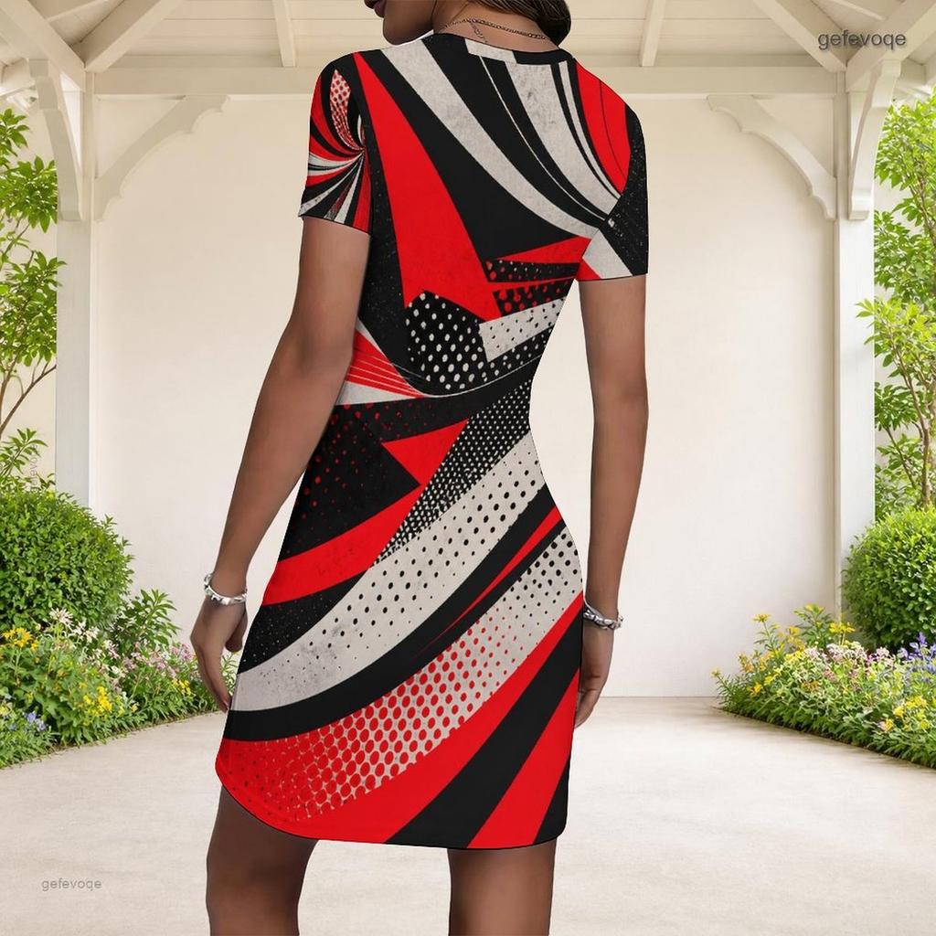 Women Plus Size Round Neck Short Sleeve Patchwork Printed Fitted Mini Dress Black White Grey