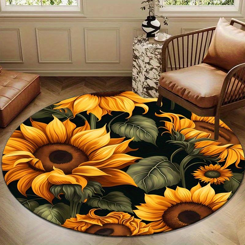 Crystal Velvet Sunflower Printed Round Area Rug Chair Round Carpet for Bedroom Living Room Home Decor Rugs Non-Slip Mat Rug for Bedside