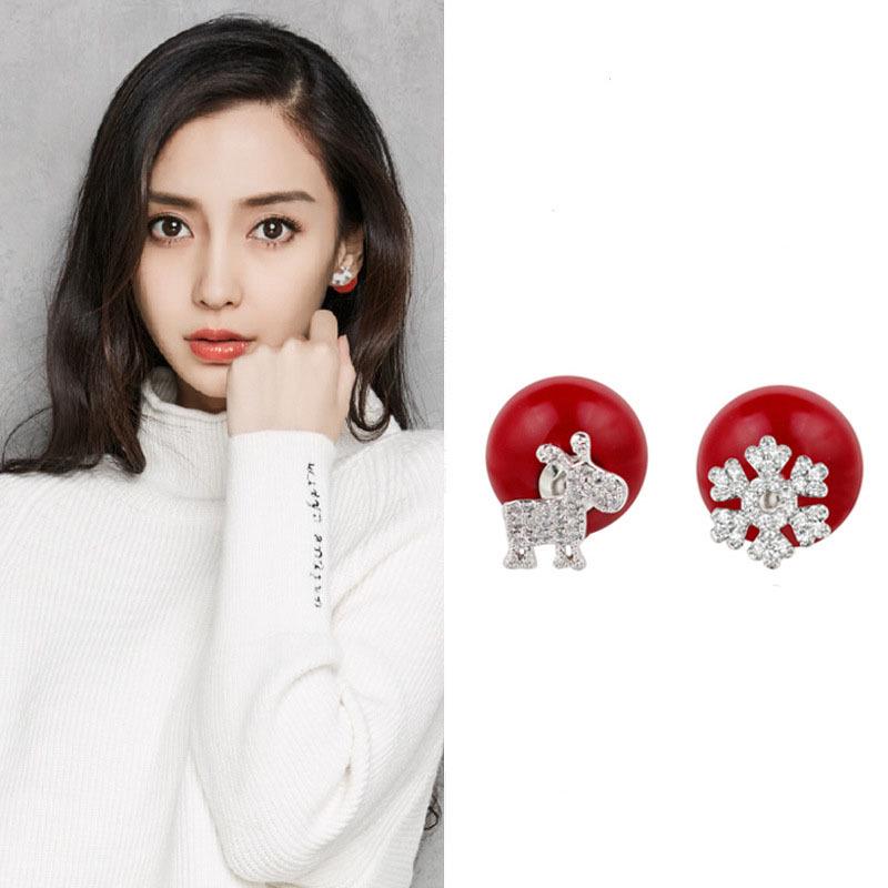 Korean Red Pearl Snowflake Reindeer Stud Earrings - Silver-Plated Christmas Jewelry Gift for Women