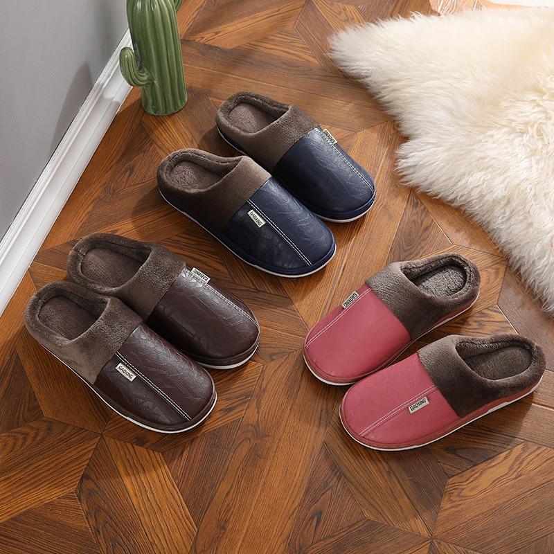 Autumn and winter new leather waterproof home cotton slippers men's household plush cotton slippers women's thickened home confinement shoes