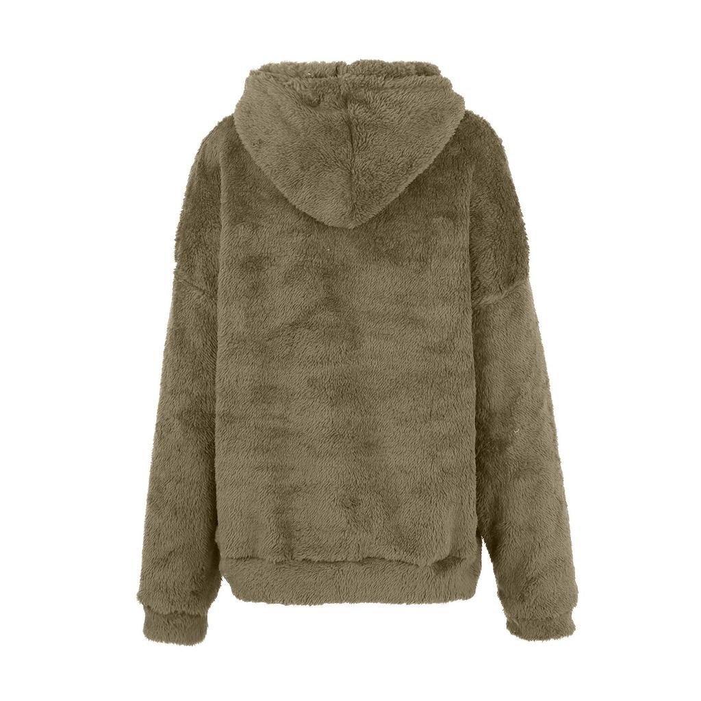 Lässiger Damen-Pullover, warmer Plüsch-Hoodie-Mantel, einfarbig, lockerer Taschenmantel