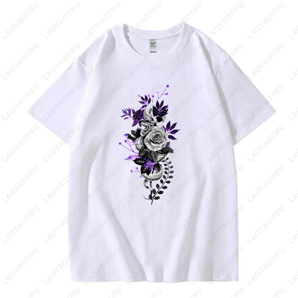 Gotische Schlange und Blumen T-Shirt Künstlerischer Retro Gothic Stil Florale Ästhetik Grafik T-Shirts Herren Damen Baumwolle Klassisches Tee