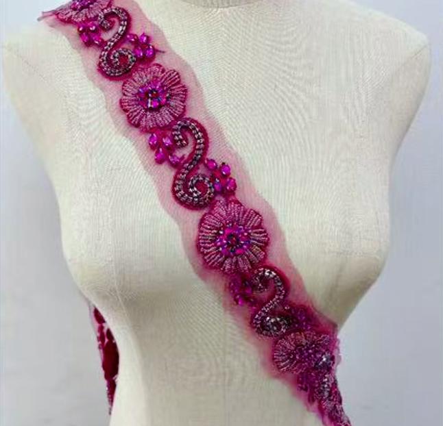RM-801 Handmade Rhinestone Lace Trim Applique Sequin Beaded Trim for Dress
