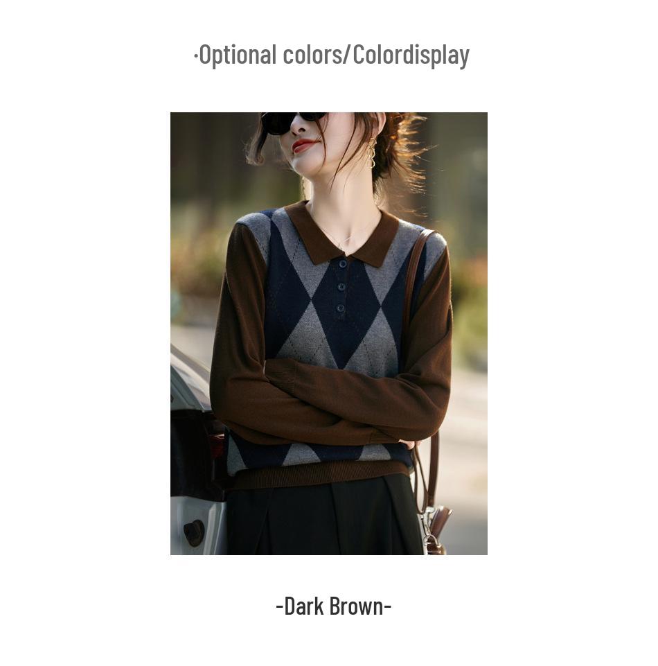 Women's 2025 Autumn/Winter Retro Argyle Patchwork Polo Collar Knitted Sweater - Loose Casual Fit