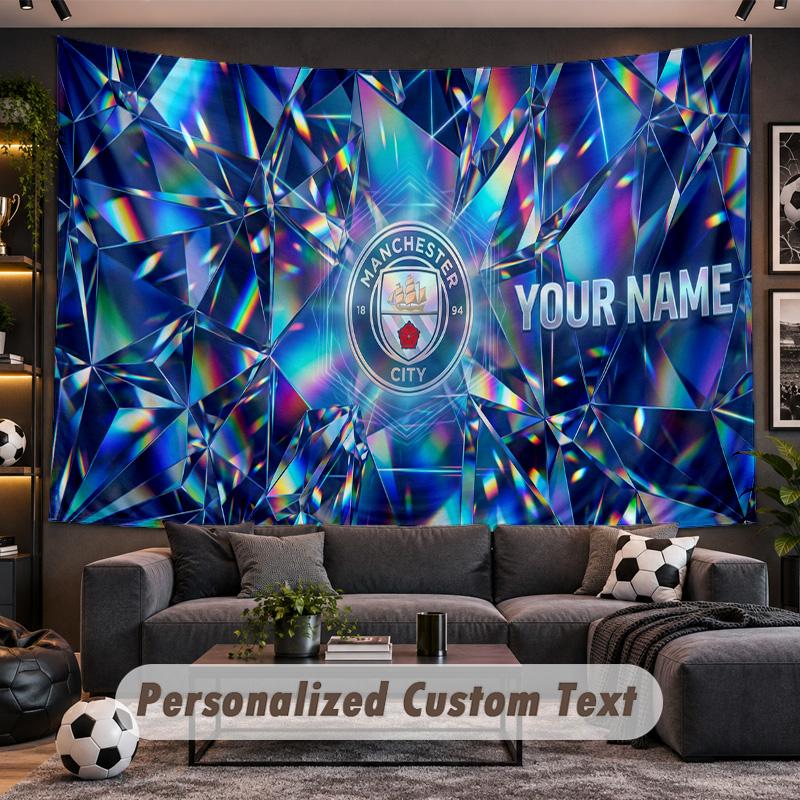 Manchester City Personalized Tapestry Support Custom Name, Wall Art Home Decoration