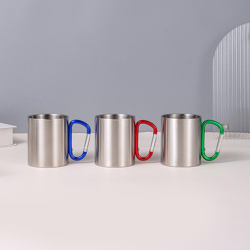 Stainless Steel Mountaineering Water Cup Button Coffee Camping Mug With Carabiner Handle Climbing Hiking Backpacking Travel Cups