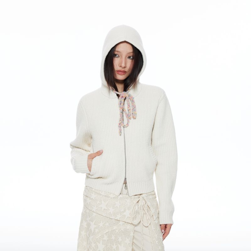 

Thelight Oxygen Sense Color Hat Rope Knitted Hoodie Slim-Fit Cardigan Sweater Outwear Female White Easiest for Match Winter New White S