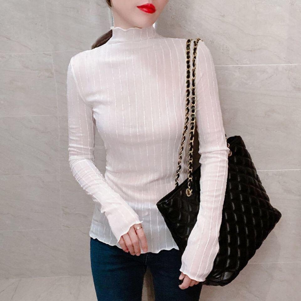 Women's High Neck Ruffle Silk Lurex Long Sleeve Shirt - Elegant Striped Base Layer for Autumn/Winter