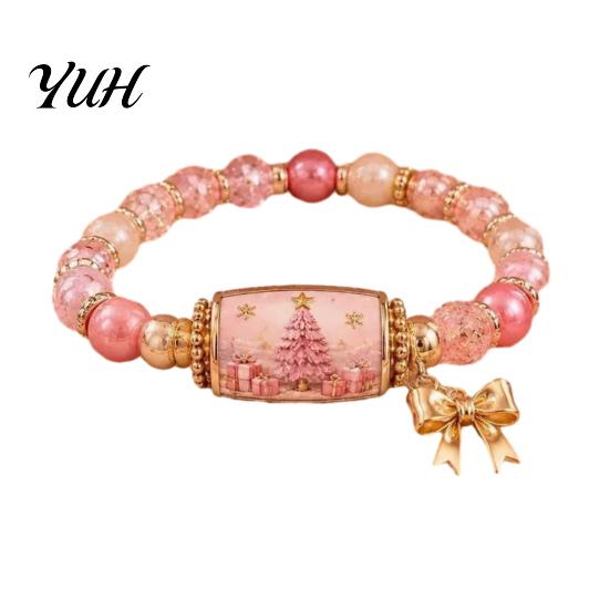 Women Christmas Bracelets Story Beaded Bracelet, Bracelet with Santa Reindeer Snowman House Candy Stretchy Cane Tree Pattern, Elastic Colorful