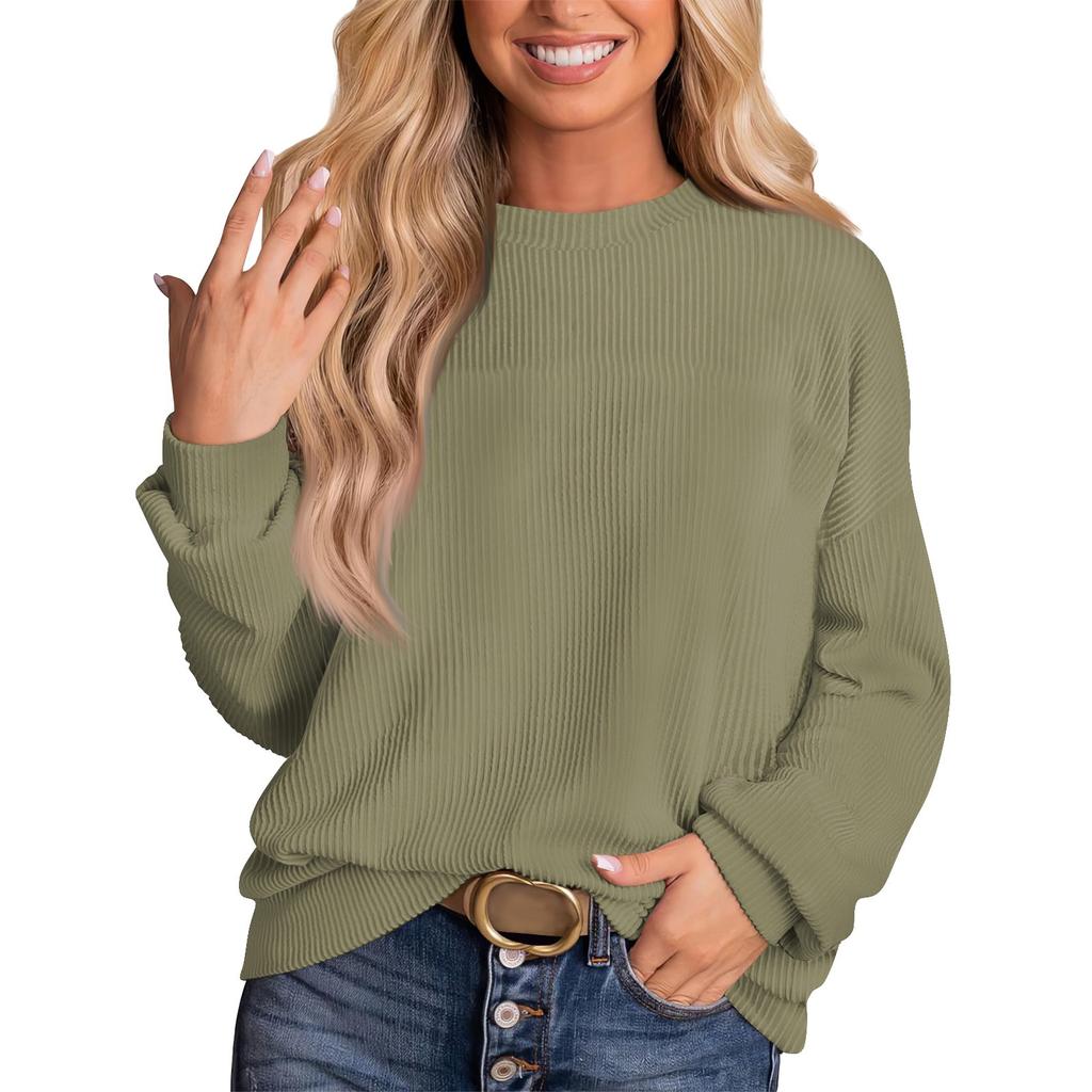 Moterų madingas vienspalvis siūlų ilgomis rankovėmis laisvas apvalios iškirptės megztukas