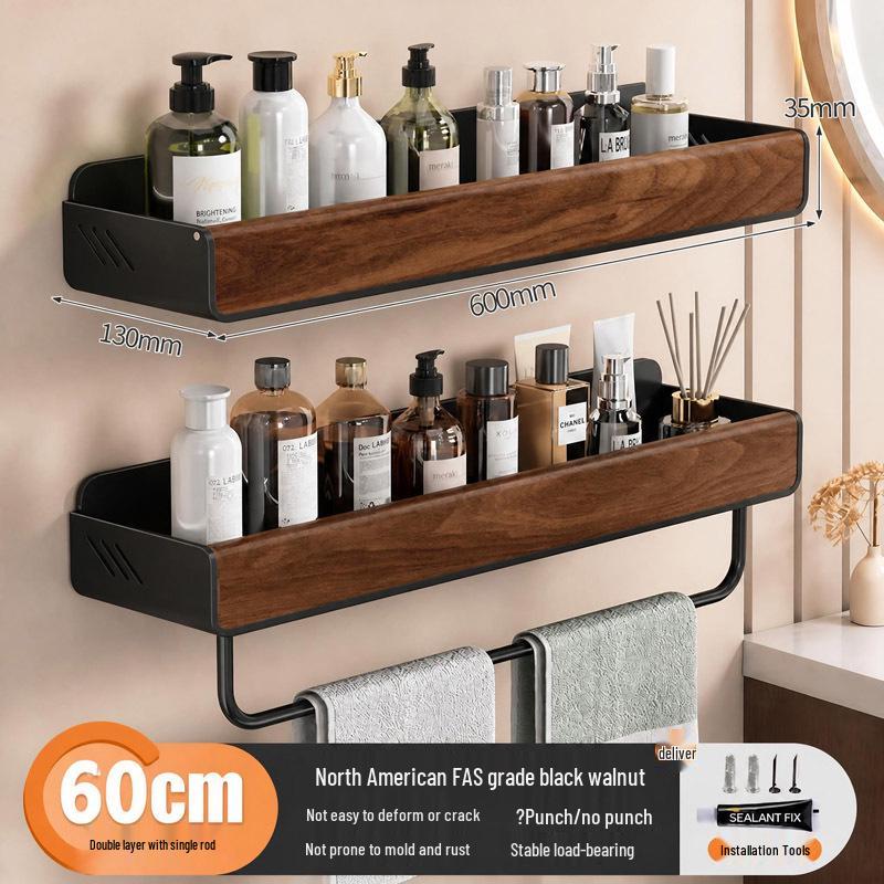 Walnut Corner Bathroom Shelf for Cosmetics, No-Drill Triangle Stand.