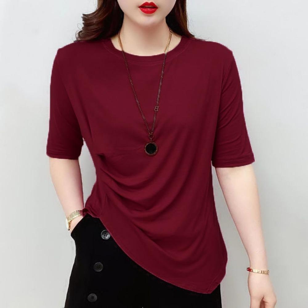 

Summer Irregular Short-sleeved T-shirt Women New Stylish Split Design Plus-size Elegant Top Slim-fit Blouse 3XL вина червоного кольору