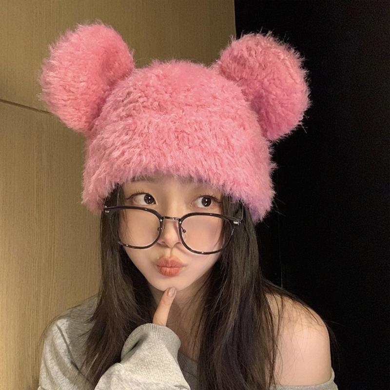 Furry Cartoon Bear Hat with Lovely Ear for Outdoor Sports Furry Hat with Ear Oversized Headgear Hat for Winter