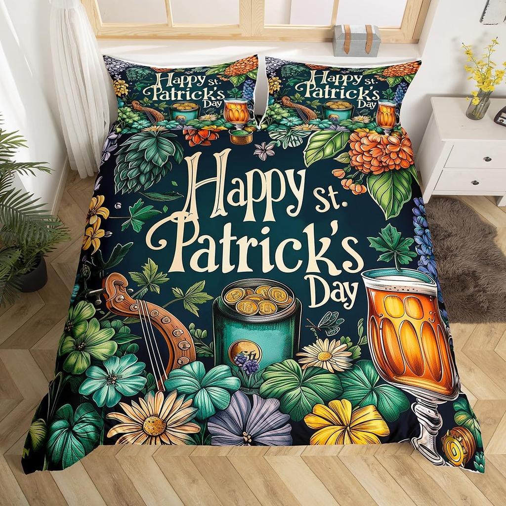 St.Patrick'S Day Duvet Cover Twin Queen Lucky Clover Leaves Bedding Set For Boys Girls Cartoon Comforter Cover With 2 Pillowcase