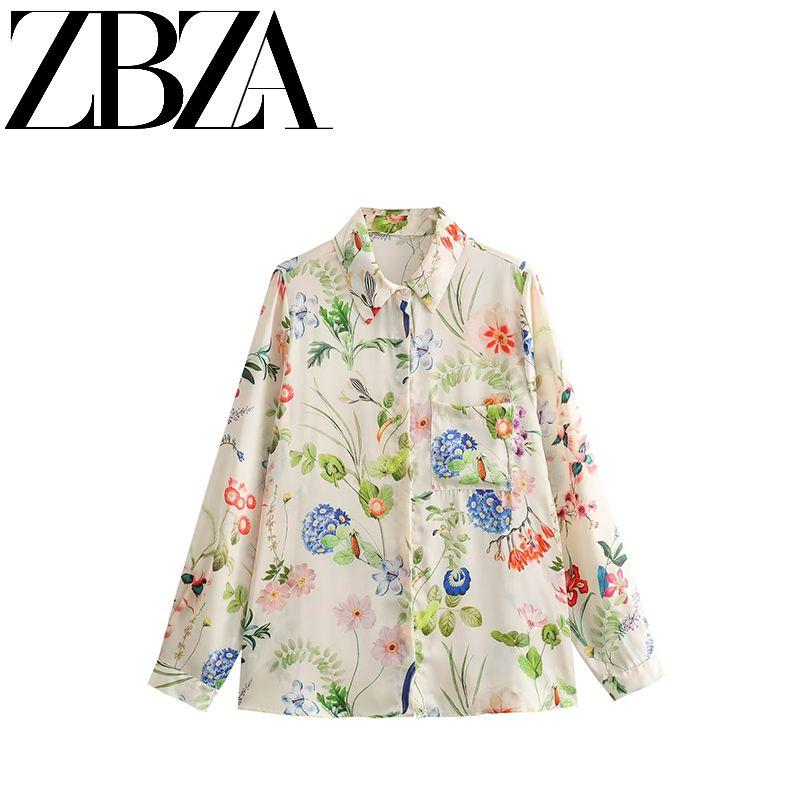 Jnleaog New Arrival Women's Clothing Fashion Style French Style Casual Fashion Personalized Minority Florals Print Satin Shirt