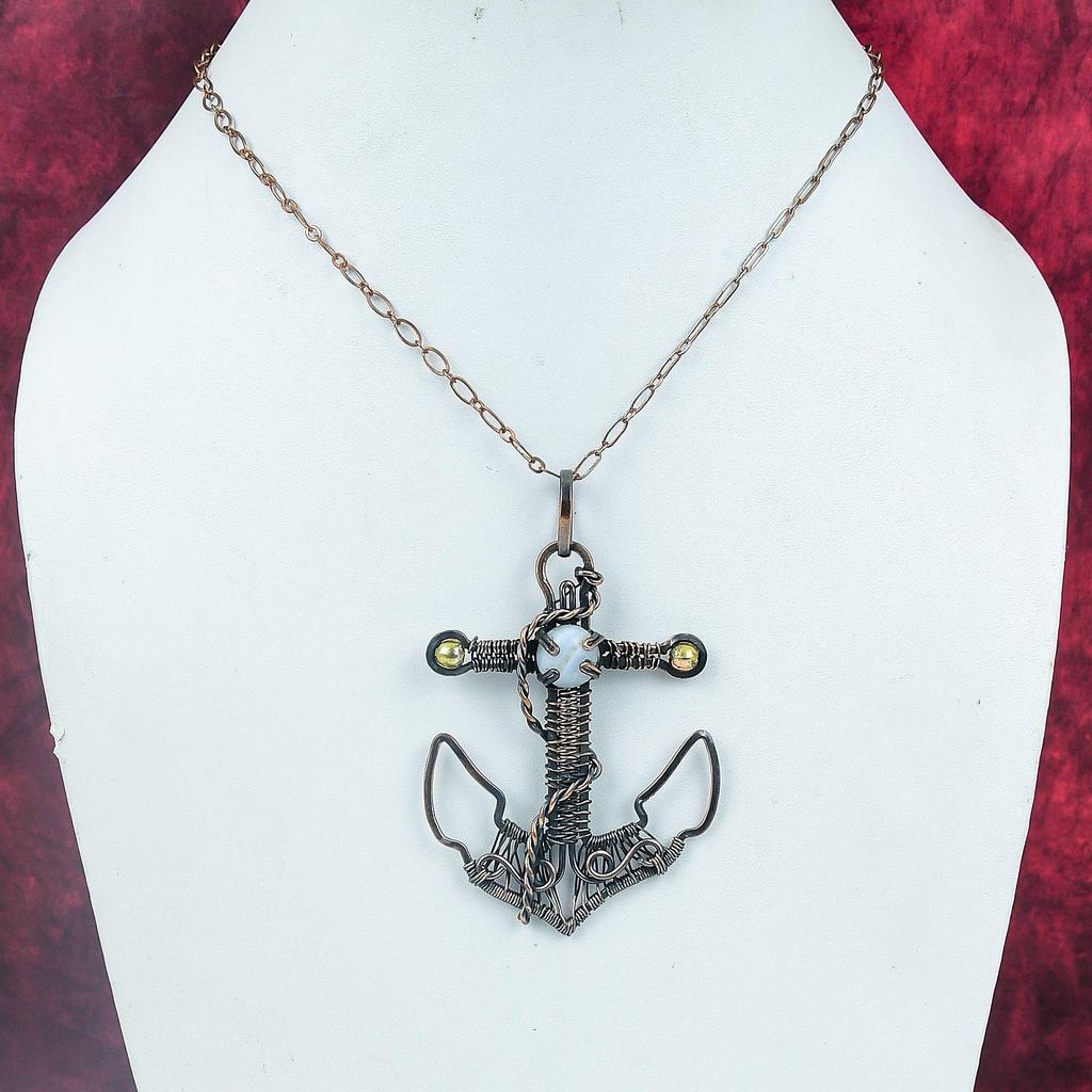 Blue Lace Agate Pendant Gemstone Pendant Copper Wire Wrapped Jewelry Anchor Pendant