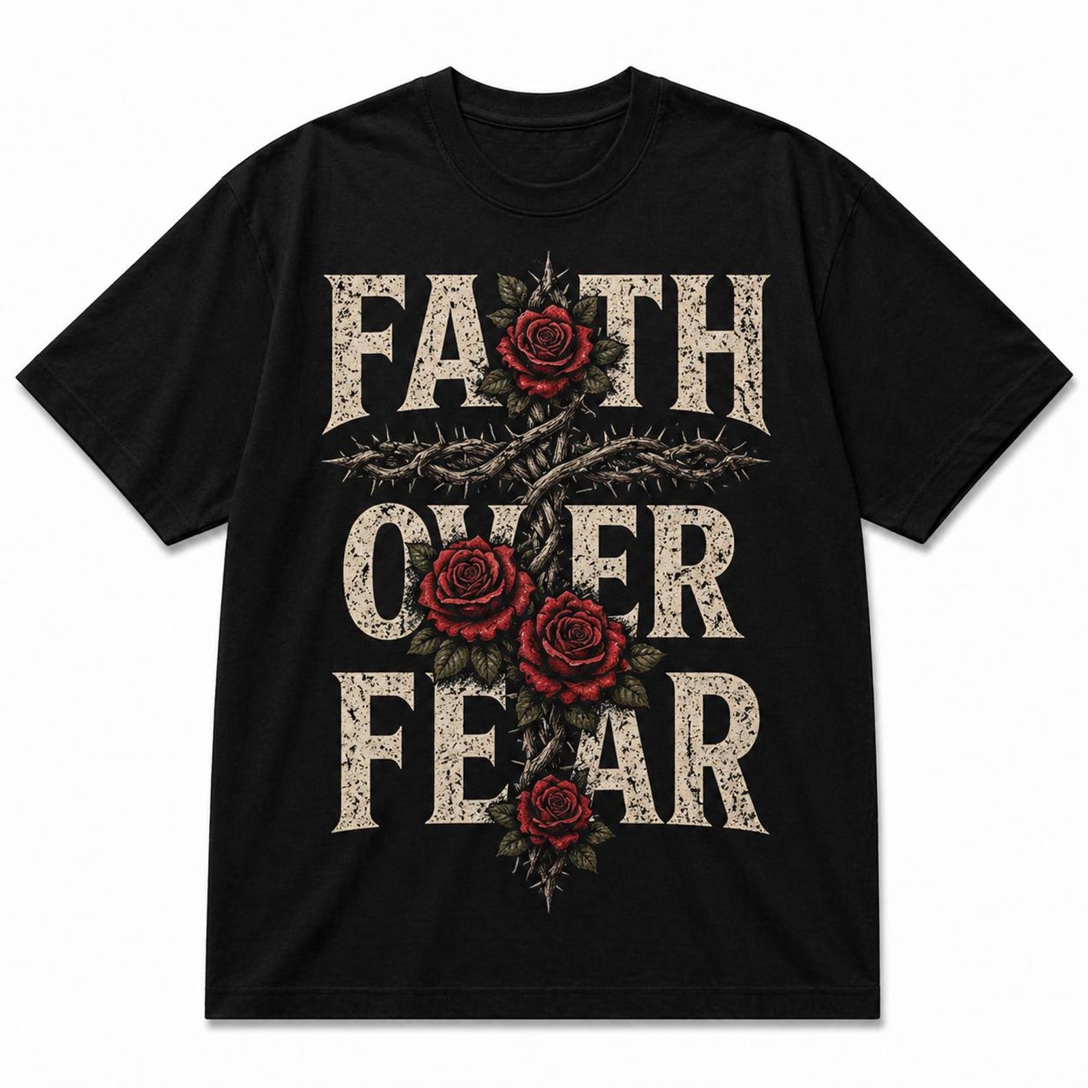 Faith Over Fear Rose Cross T-Shirt, Christian Streetwear Graphic Tee XL